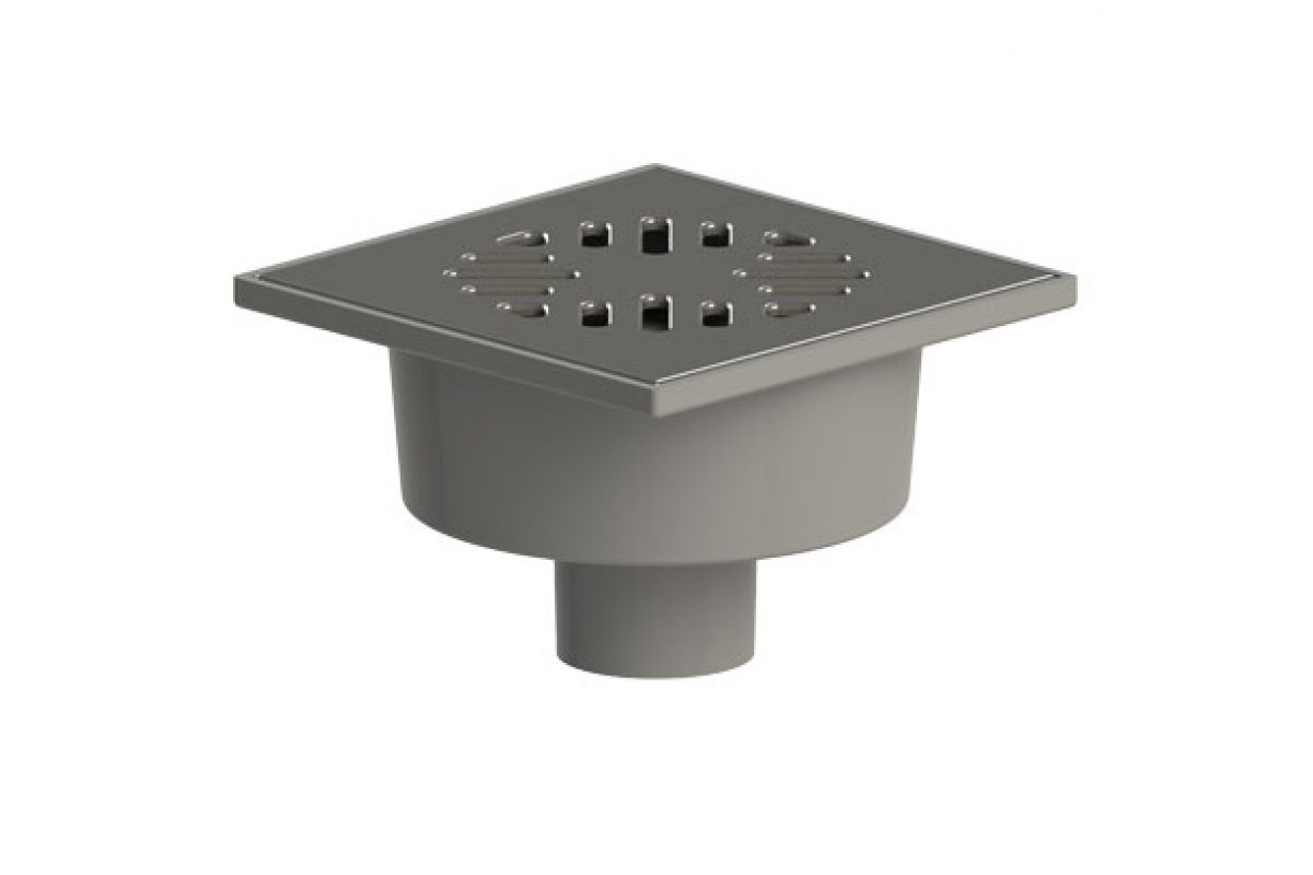 Трап 50 верт.спуск 150*150мм, металл.решетка (ТП-102.50-150VSHs)